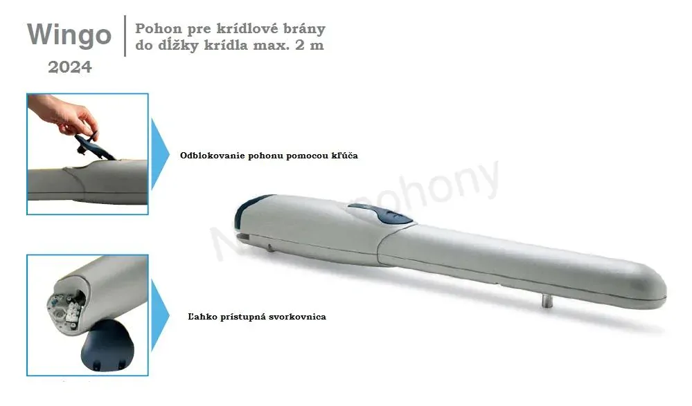 WINGO 3524 sada pre krídlovú bránu do 3,5m/ krídlo, 2x WG3524 (24V, 85W, 1500N), 2x FLO2RE, 1 pár BF, 1x MC424R10 (vstavaný prijímač)
