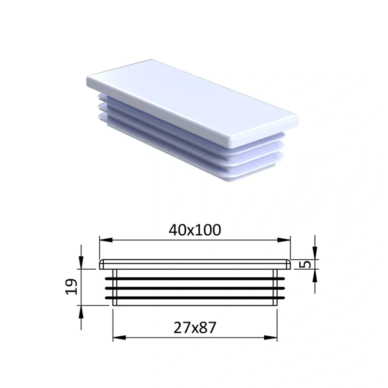 ZP40x100WHITE Obdĺžnikové, Krytka plastová 40 x 100 mm, Biela,
