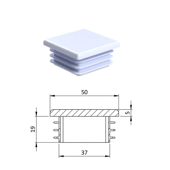 ZK50x50/3-5 Plastové zátky štvorcové, materiál polyetylén - Biela, RAL 9010