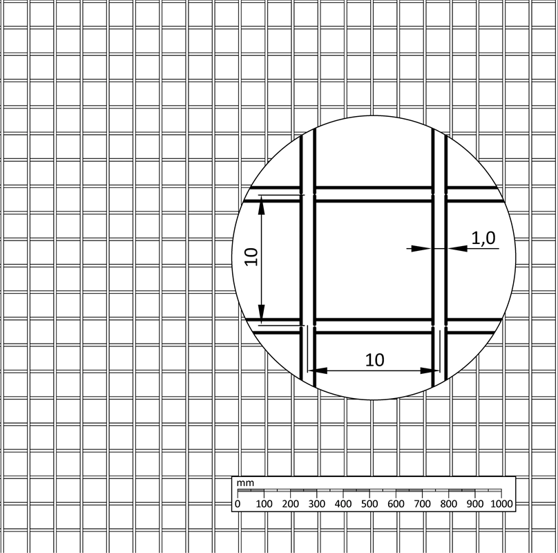 E1-NZS 10x10 - Nerezové zvárané sito - cena za 1m2; Šírka: 1000mm; Materiál: AISI304, Max. dĺžka 30 metrov