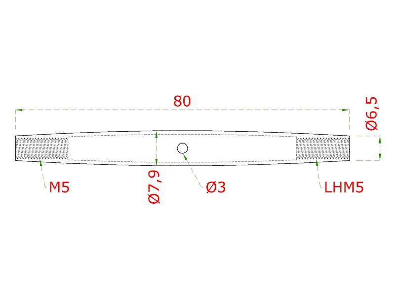 EB1-LN1M5 telo šponováka pre nerezové lanko, so závitom M4-M6 a LH4-LH6, brúsená nerez K320/ AISI304