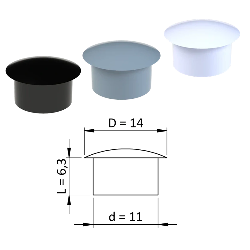 ZDO14x11 - Vnútorná krytka guľatá ø 14 mm, otvor ø 11 mm, biela, plast - Biela, Čierna, Šedá