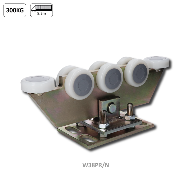 W38PR/N vozík regulovateľný pre C-profil 70x70x4mm, polyamidové kolieska 8ks, žltý zinok, pre bránu do 300kg otvor do 5,5m