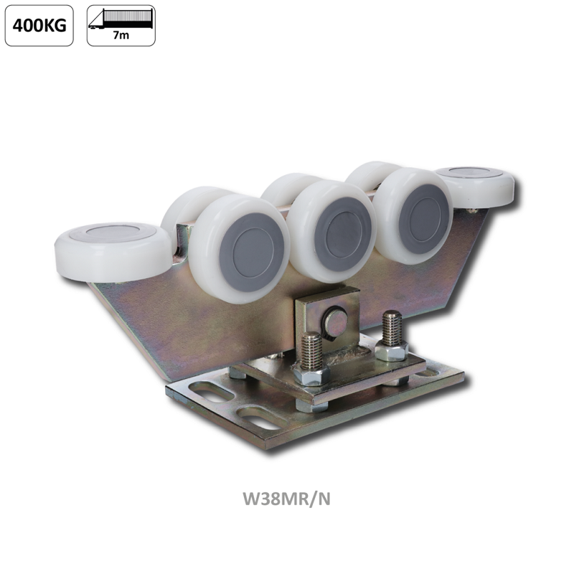 W38MR/N vozík regulovateľný pre C-profil 80x80x5mm, polyamidové kolieska 8ks, žltý zinok, pre bránu do 400kg otvor do 5,5m