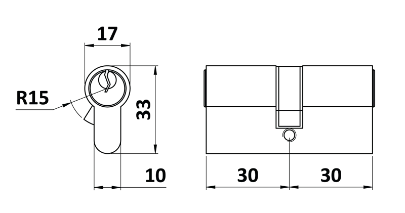 VL60N cylindrická vložka 30x30mm, niklová, 3 kľúče, skrutka M5x65mm