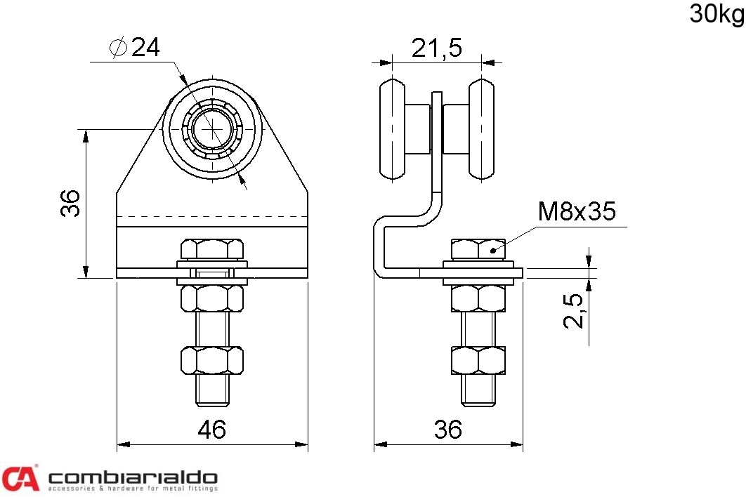 C778 vozík závesný Combi Arialdo, 2 kolieska pre profil C920 Piccolo, nosnosť 30kg