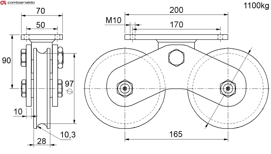 C600/120 koliesko dvojité ø 120mm Combi Arialdo, nosnosť 1100 kg, Zn, profil - U20