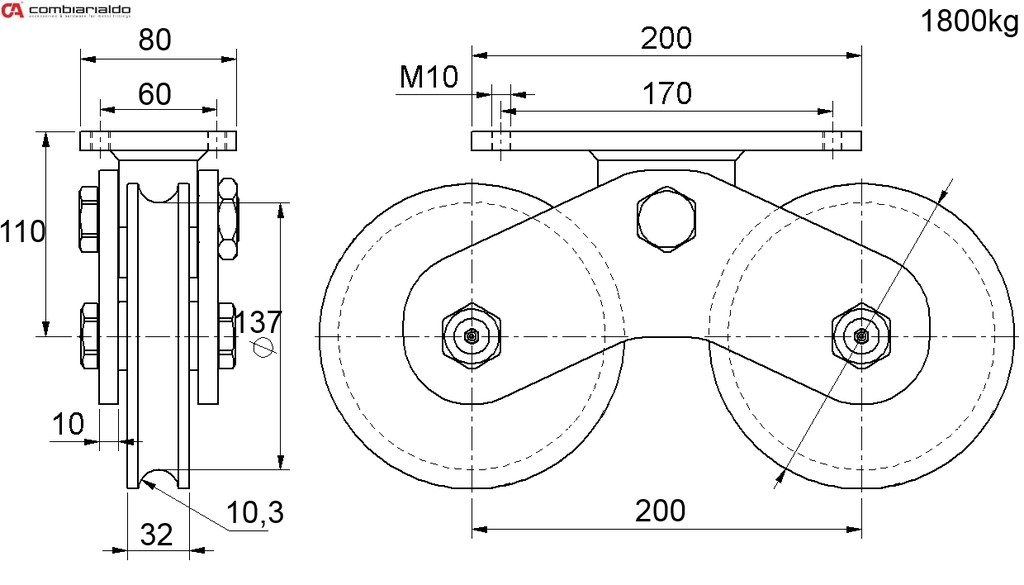 C600/160 koliesko dvojité ø 160mm Combi Arialdo, nosnosť 1800 kg, Zn, profil - U20