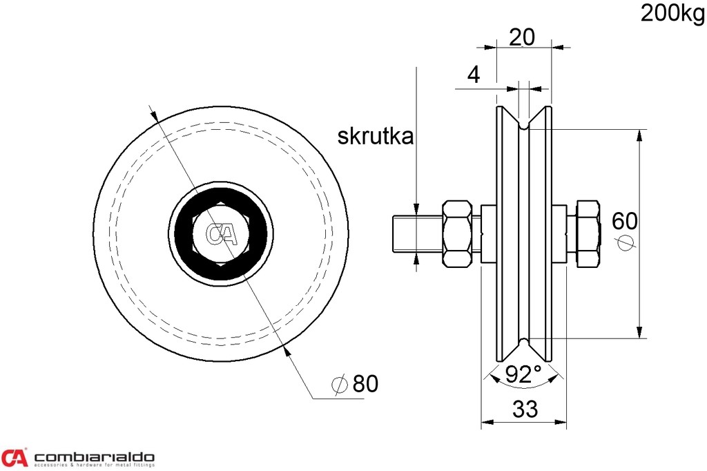 C401/80 koliesko ø 80mm jednoložiskové Combi Arialdo, V profil, nosnosť 200kg