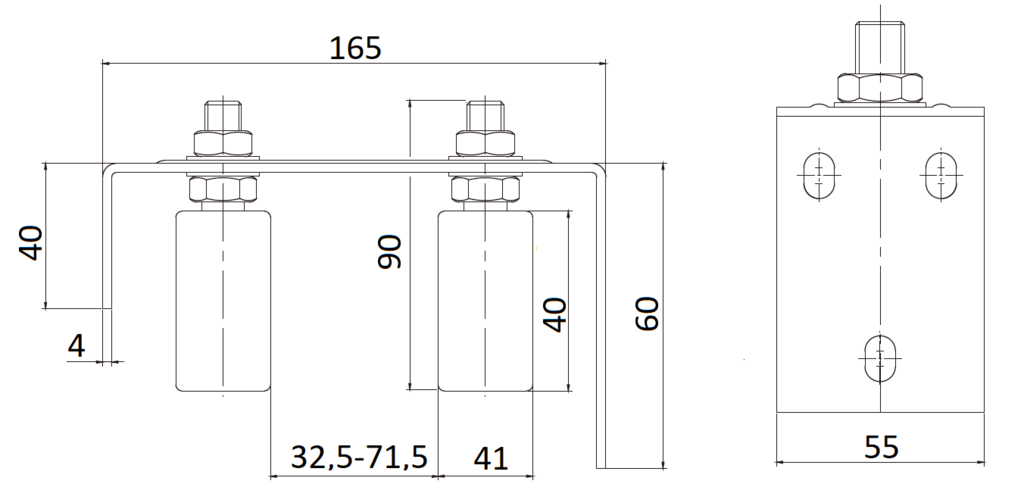 W460M Horné vedenie brány 165x90x55mm, nastaviteľná šírka 32,5-71,5mm, 2x nylon. vodiace valčeky 41x44mm