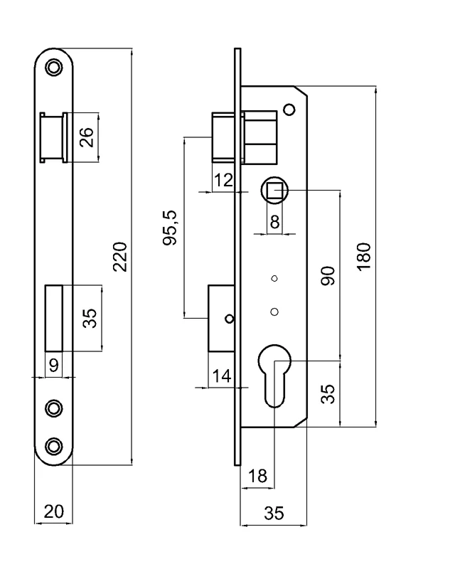 ZM90/35 zámok vložkový, zápust 35mm, rozteč 90mm