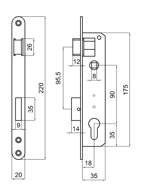 ZM90/35A zámok vložkový, zápust 35mm, rozteč 90mm čierny