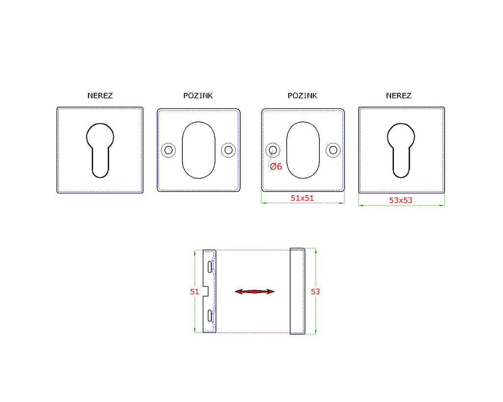 EB1-JKGS1 štvorcová rozeta na cylindrickú vložku (53x53mm), bal. : 1 pár, brúsená nerez K320 /AISI304, spodná časť pozink