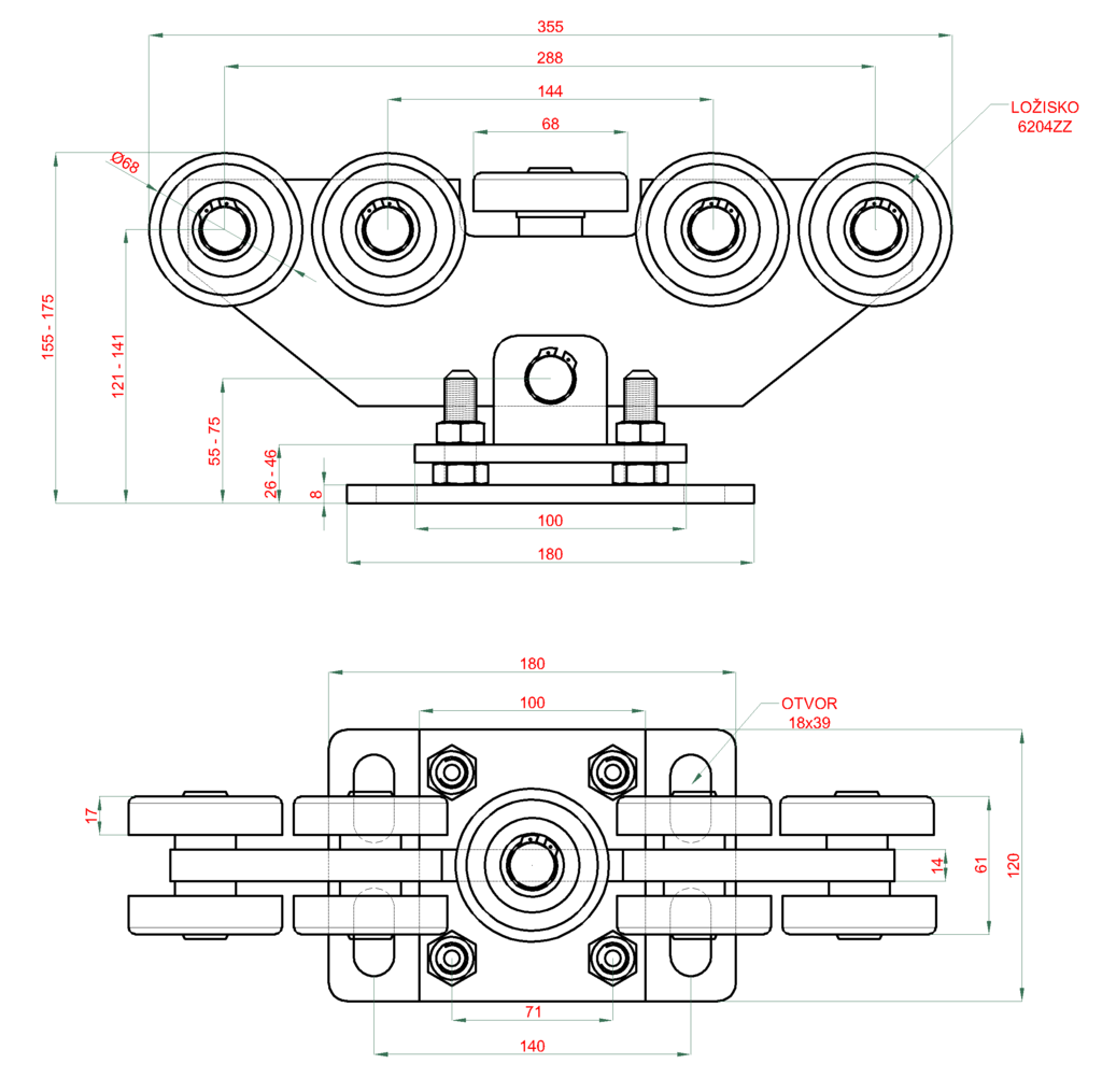 W Set80/Zn-9 - samonosný systém 80x80x5mm posuvnej brány do 400kg/6m otvor (W39/80Zn 6m pozinkovaný profil, 1x W-SET809F)