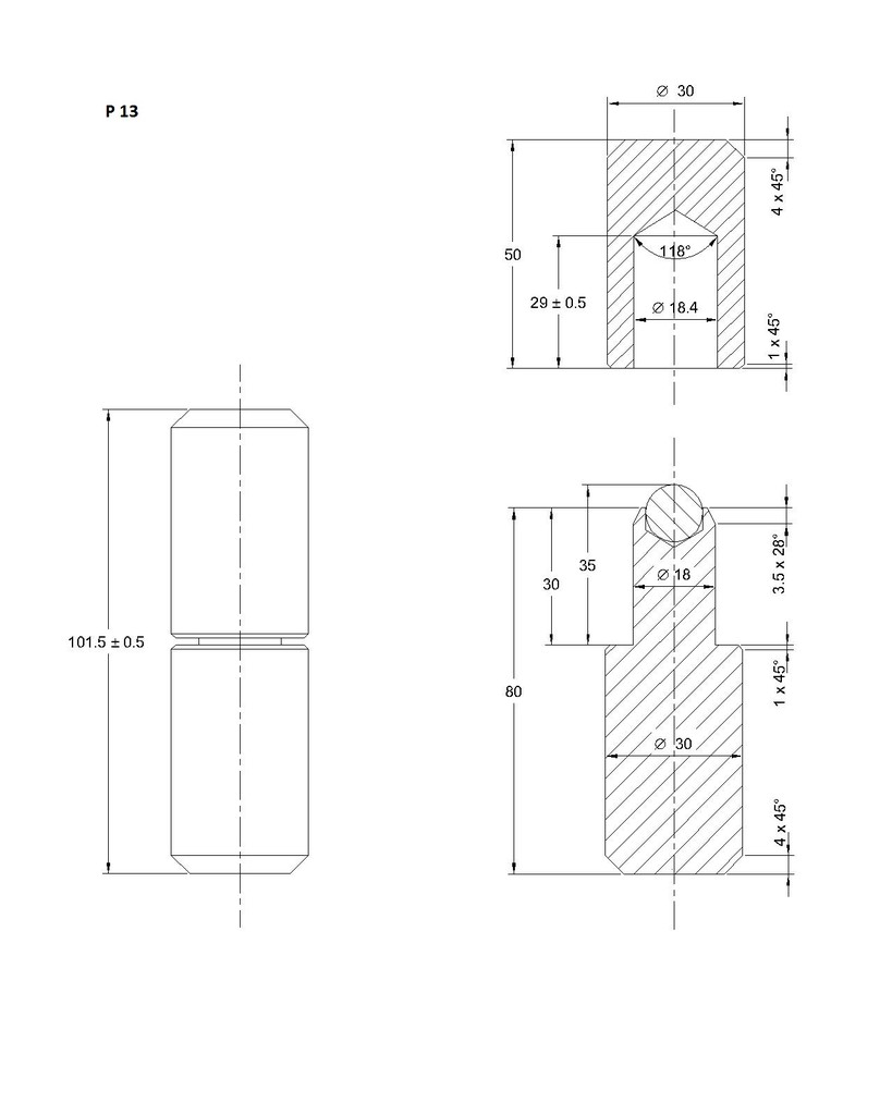P13 záves s guličkou 100mm, ø 30mm, bez povrchovej úpravy