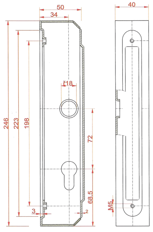 KZK224 kazeta 246x50x40mm, na profil 40x40mm so zámkom, rozteč 72mm