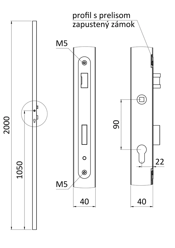 KZK4420H profil 40x40x1,5mm H-2000mm so zámkom, vhodný pre rám bránky, bez povrchovej úpravy, zámok ZM90/35