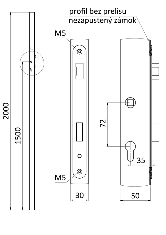 KZK5320H profil 50x30x1,5mm H-2000mm so zámkom, vhodný pre rám bránky, bez povrchovej úpravy, zámok nemá prelisovaný profil pre zapustenie