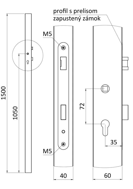 KZK6415H profil 60x40x1,5mm H-1500mm so zapusteným zámkom s roztečou 72mm, vhodný pre rám bránky, bez povrchovej úpravy