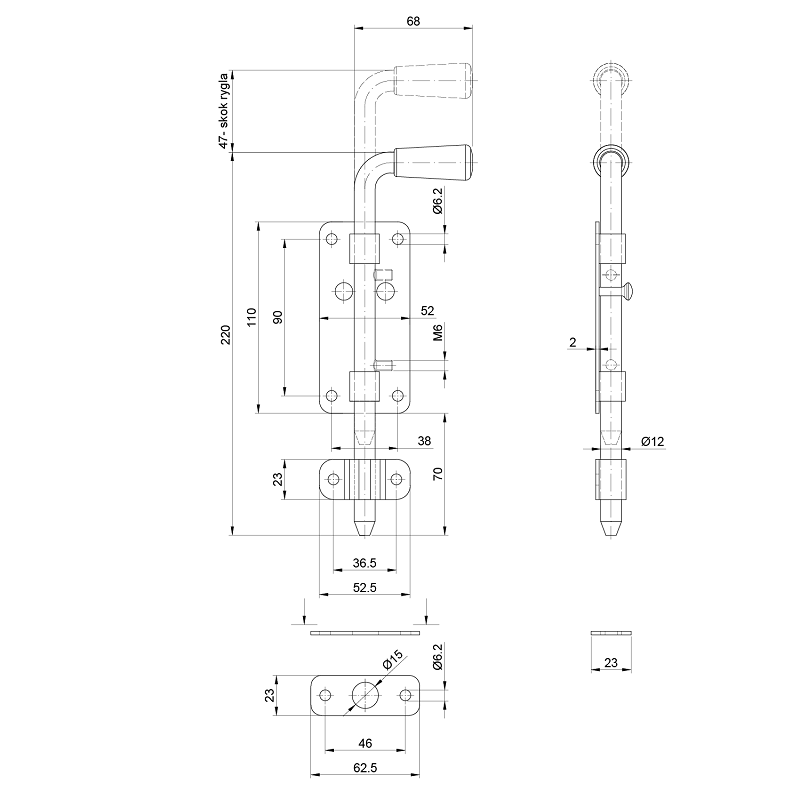 ZR222Fe - rígeľ ø 12mm, L: 220mm, povrch čierny lak s protikusom