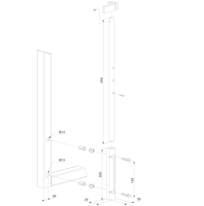VSA-K-QF1BL LOCINOX® VSA mechanický rígeľ Ø19 mm, hliníkový s povrchovou úpravou RAL, na profil 40 mm a viac