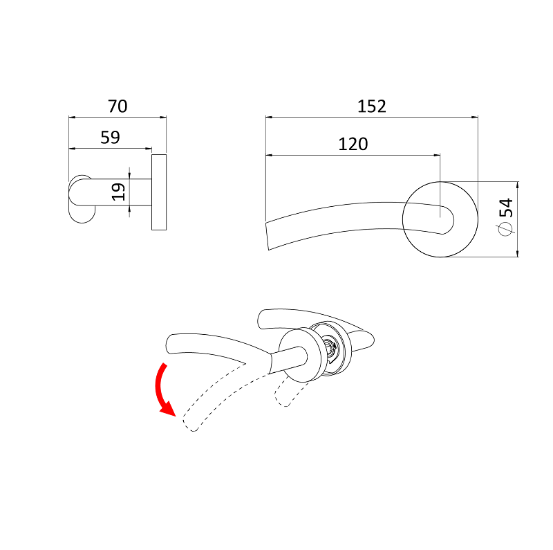 EB1-KLD06N - kľučka nerezová (pár) bez dolnej rozety, balenie: 2ks kľučka + príslušenstvo k montáži, brúsená nerez K320 /AISI304, spodná časť rozety nerez