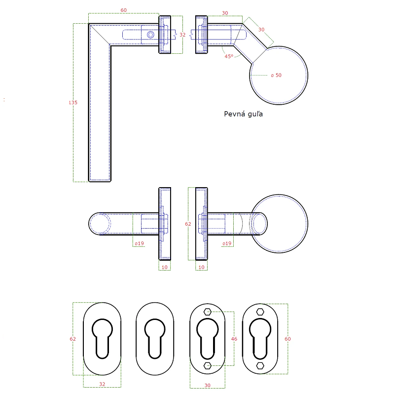 EB1-KGP-R kľučka (pravá) + guľa (pevná), vyhnutá vrátane dolnej rozety, balenie: 1ks kľučka (pravá), 1ks guľa, 2ks dolná oválna rozeta,brúsená nerez AISI304