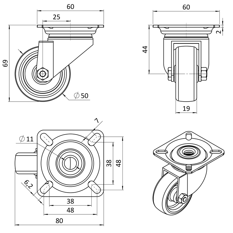 PKOG/50 otočné koliesko s platňou s behúňom zo syntetickej gumy, priemer 50mm