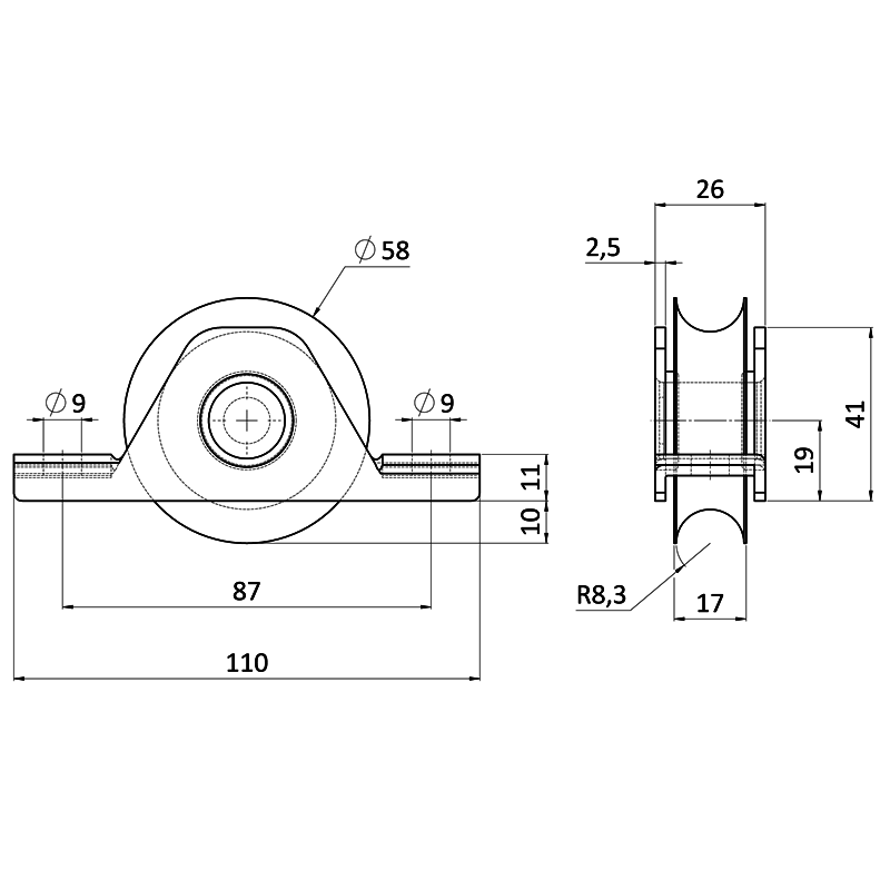 E1-K58/16-U - Kladka ø 58mm pre zapustenie do jokla, pre profil C902IX16, nosnosť (celej brány) 300kg, nerez /AISI304