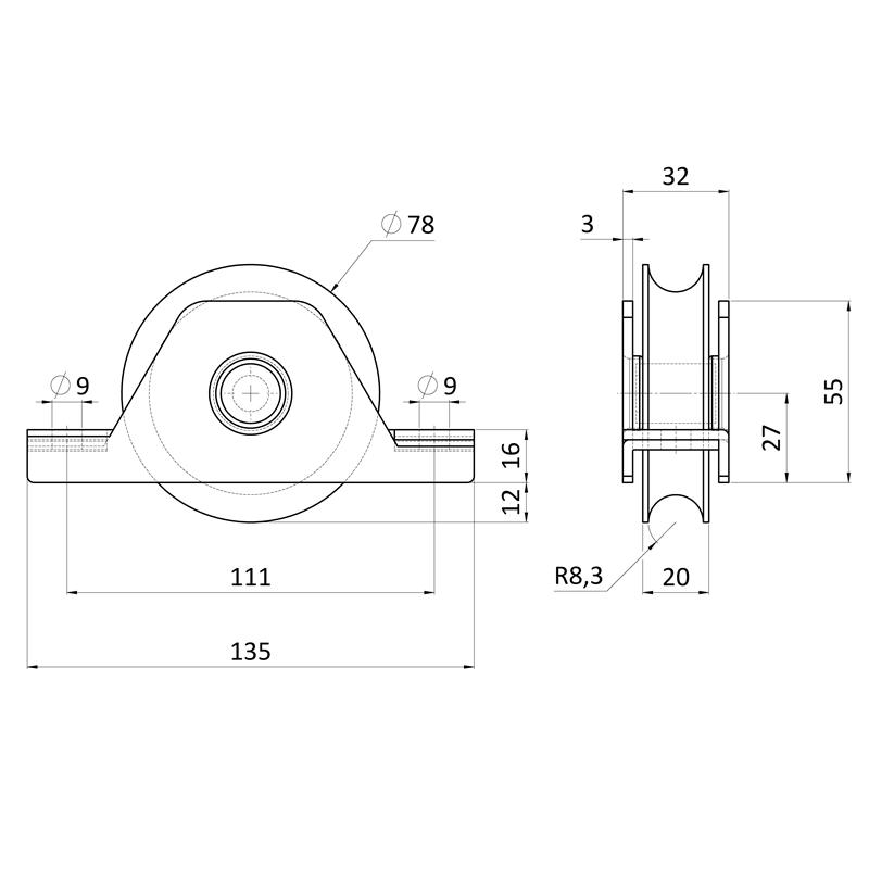 E1-K78/16-U - Kladka ø 78mm pre zapustenie do jokla, pre profil C902IX16, nosnosť (celej brány) 400kg, nerez /AISI304