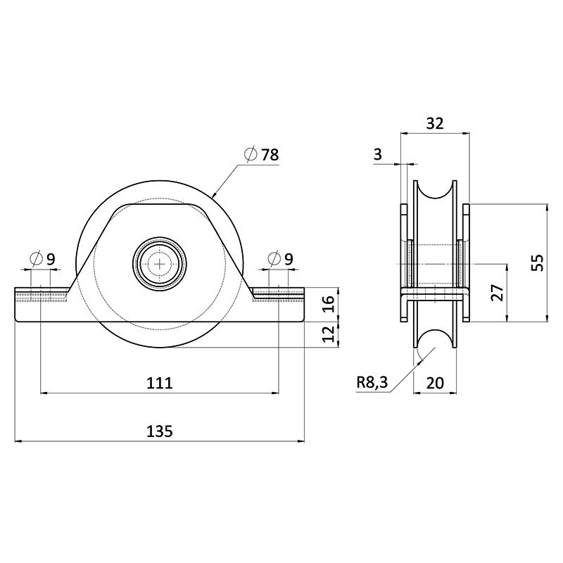  E1-K78/16-UN - Kladka ø 78mm s nylonovým kolieskom na zapustenie do jokla, pre profil C902IX16, nosnosť (celej brány) 200kg, nerez /AISI304