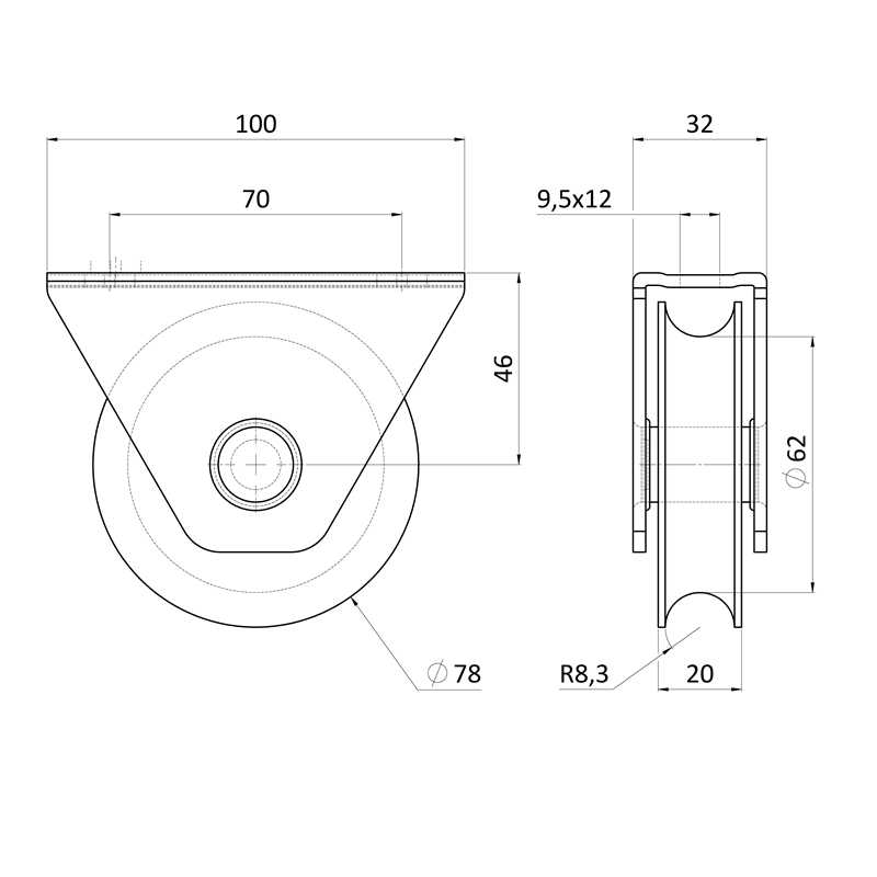 E1-VK78/16-U - Vodiaca kladka ø 78mm na montáž pod rám, pre profil C902IX16, nosnosť (celej brány) 400kg, nerez /AISI304