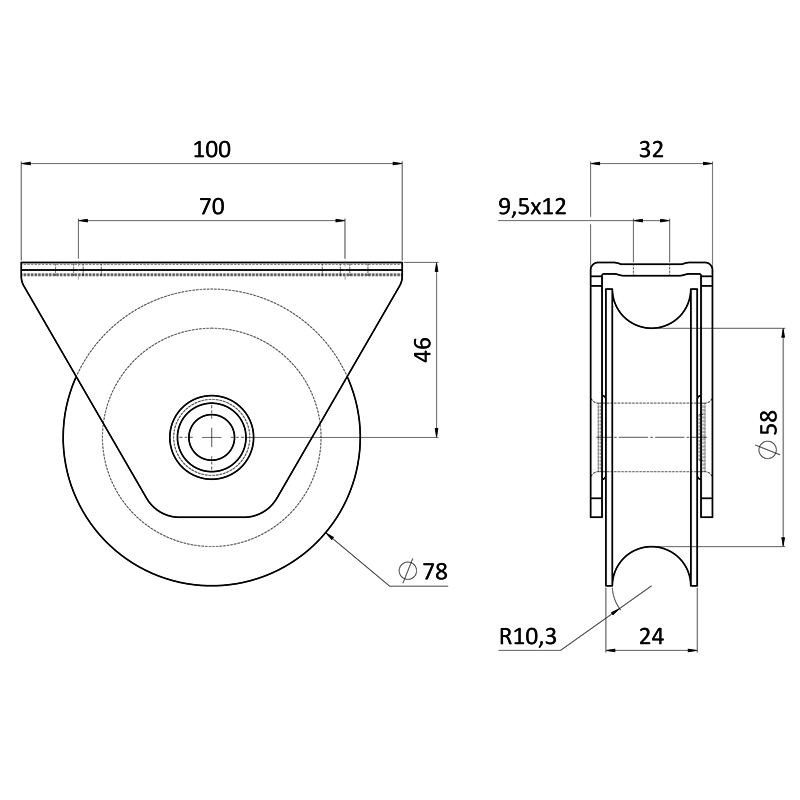 E1-VK78/20-U - Vodiaca kladka ø 78mm na montáž pod rám, pre profil C902IX20, nosnosť (celej brány) 400kg, nerez /AISI 304