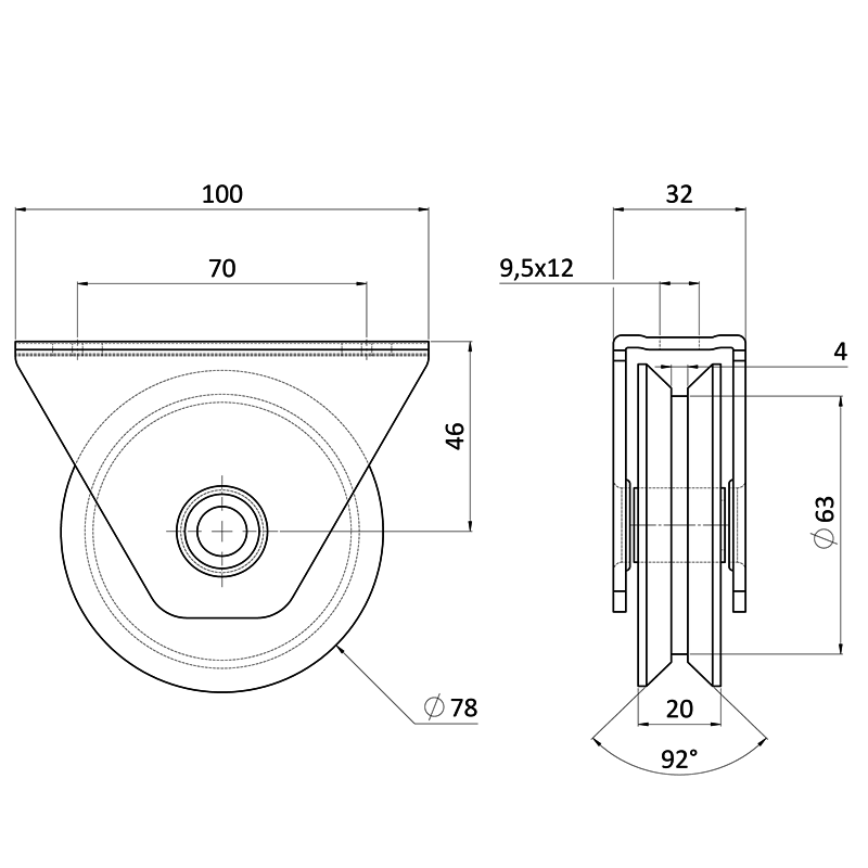 E1-VK78/20-V -Vodiaca kladka ø 78mm na montáž pod rám, pre profil C906IXV, nosnosť (celej brány) 400kg, nerez /AISI304