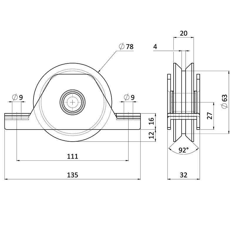 E1-K78/20-V - Kladka ø 78mm pre zapustenie do jokla, pre profil C906IXV, nosnosť (celej brány) 400kg, nerez /AISI304