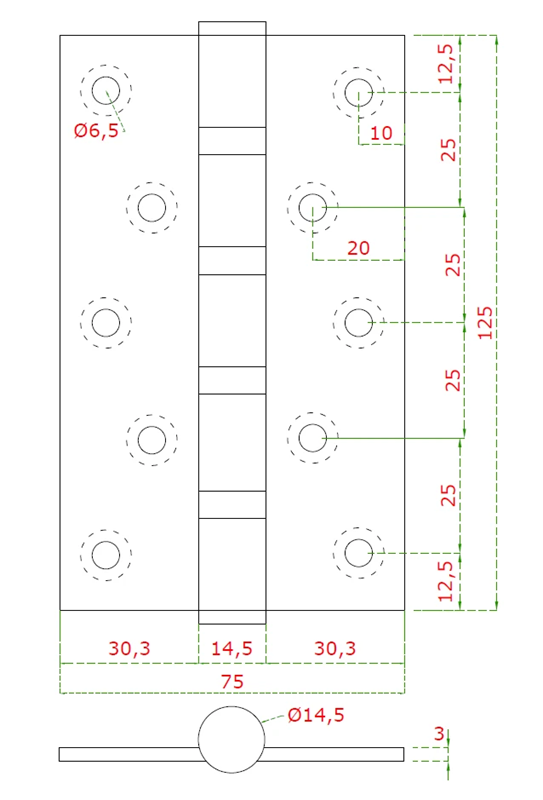 EB1-ZP203 - nerezové pánty 2ks, 125x75x3mm, max. nosnosť: 90 kg, brúsená nerez K320 /AISI304