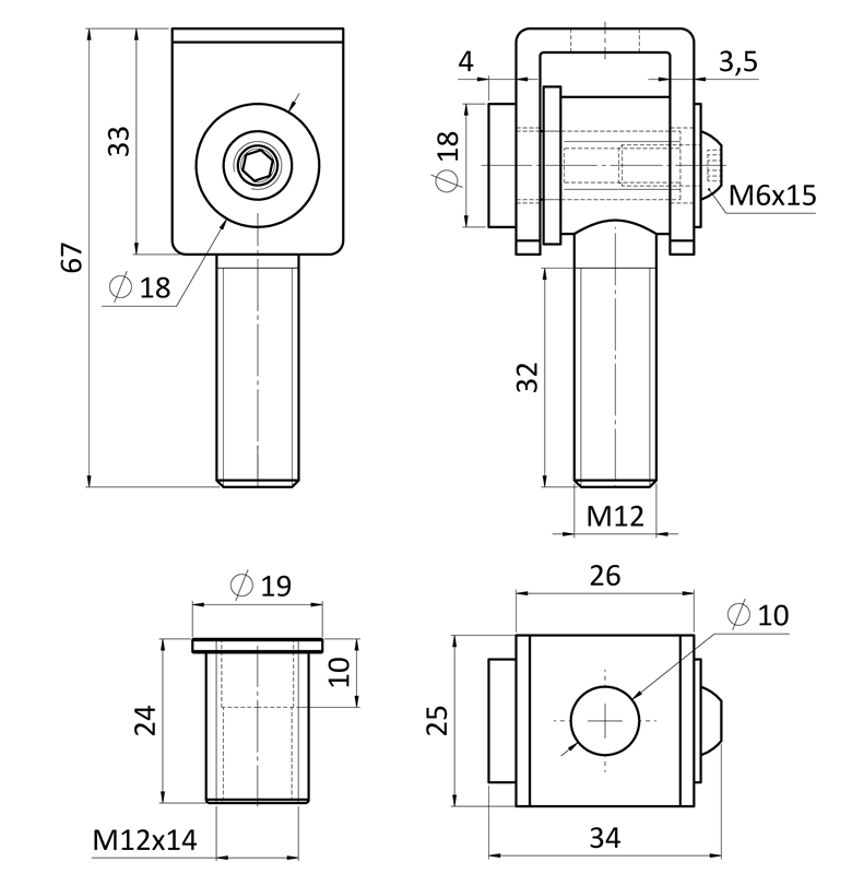 EB1-ZA12-NM - Záves M12 s nitovacou maticou, otvárateľný 90°, nastaviteľný 1D, brúsená nerez / AISI 304