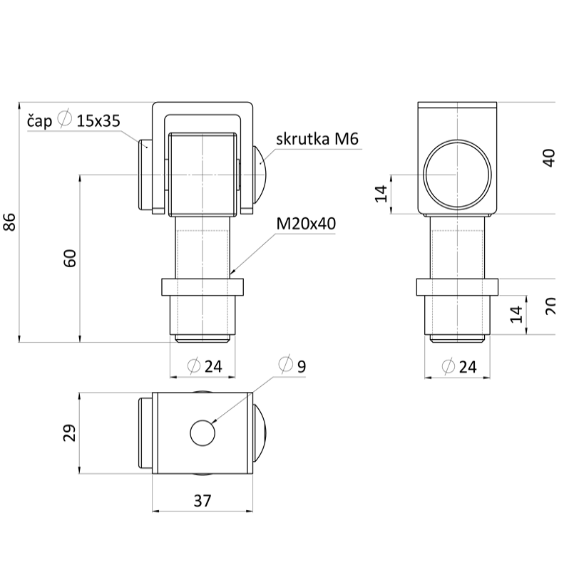 EB1-ZA20 - Navárací záves M20, otvárateľný 90°, nastaviteľný 1D, brúsená nerez / AISI 304