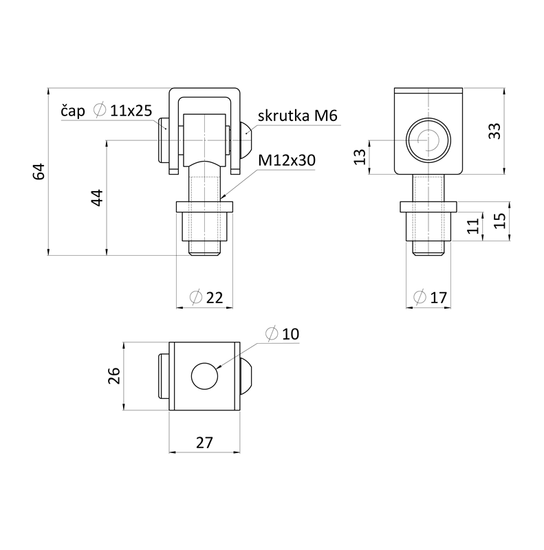 EB1-ZA12 - Navárací záves M12, otvárateľný 90°, nastaviteľný 1D, brúsená nerez / AISI 304