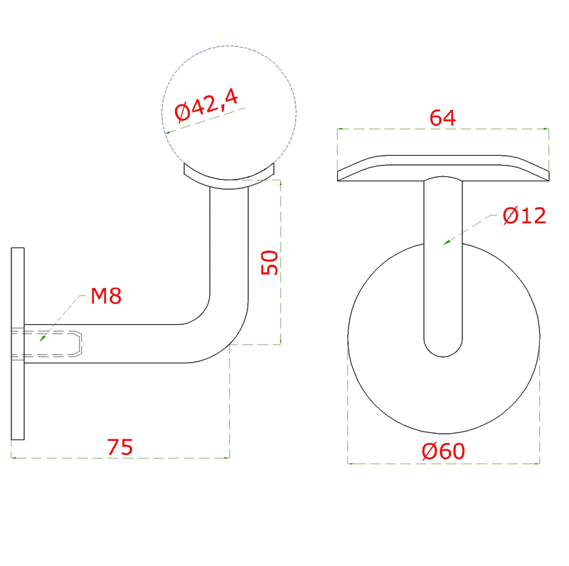 EL1-4308 - držiak madla na stenu na trubku ø 42,4mm (bez dier), zadný vnútorný závit M8, leštená nerez / AISI304