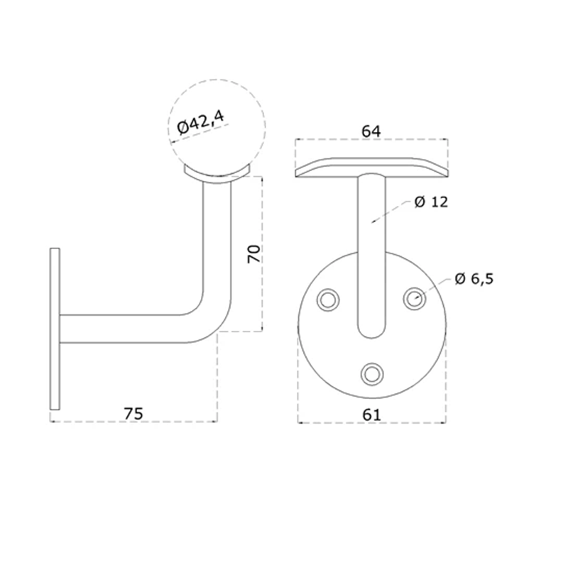 EL1-4302 - držiak madla na stenu na trubku ø 42.4mm, leštená nerez /AISI304