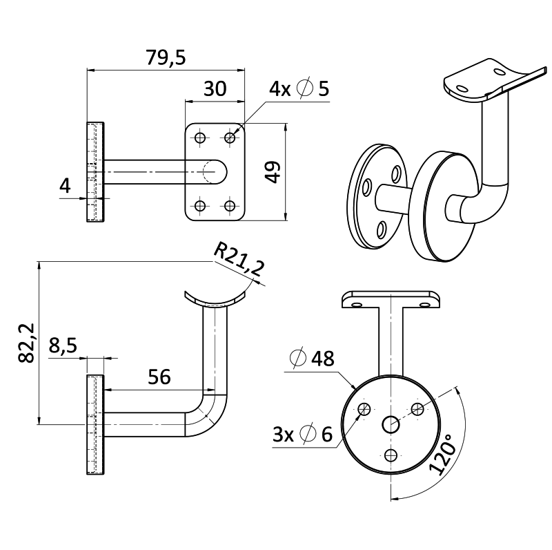 EB1-4371 - držiak madla so skrátenou vzdialenosťou od steny - na trubku ø 42.4mm s krytkou, brúsená nerez K320 /AISI304