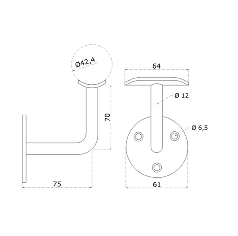 EL1-4302 - držiak madla na stenu na trubku ø 42.4mm, leštená nerez /AISI304