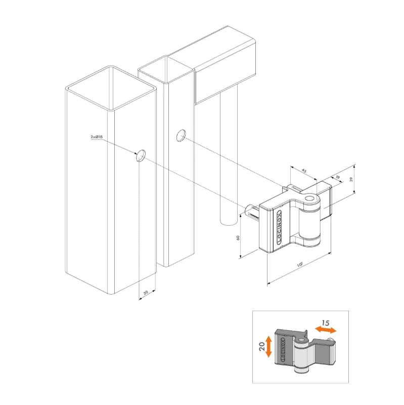  ZILV Strieborná LOCINOX® PUMA záves pre krídlové bránky do 60 kg / 1,0m, otváraterľný do 180°, nastaviteľný 2D