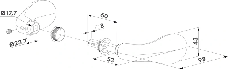 3006C LOCINOX® 3006C hliníková kľučka, materiál: eloxovaný hliník (strieborný), hriadeľ 8x8x60 mm, cena za PÁR