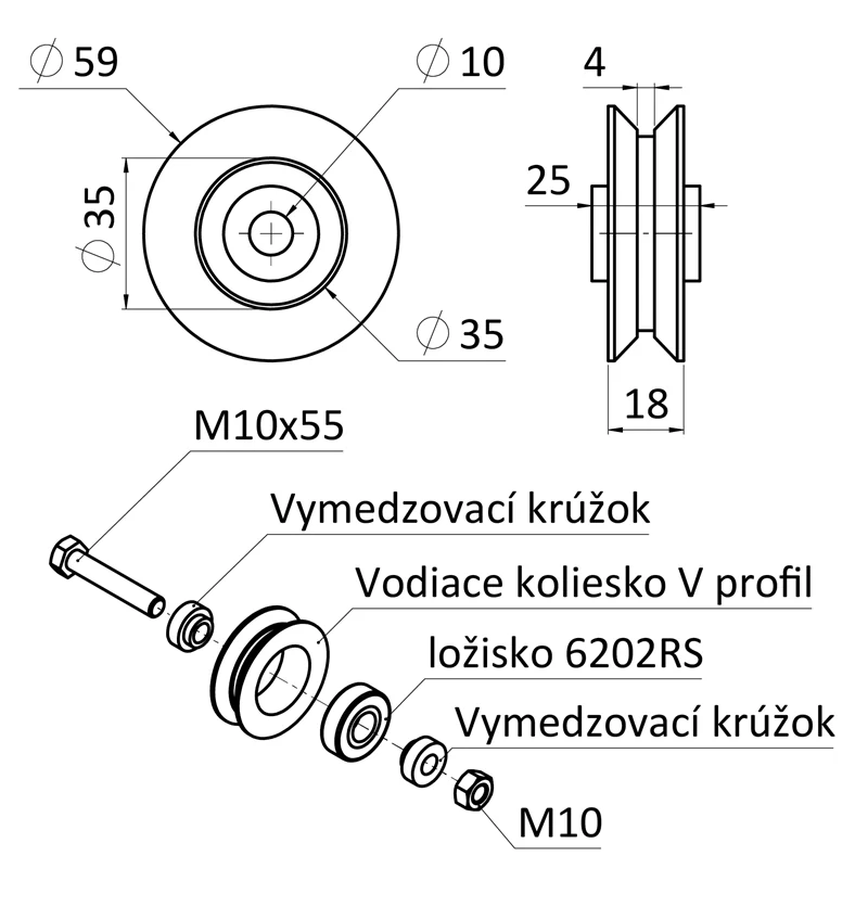 W401/60VN Vodiace koliesko ø 60mm jednoložiskové, V profil