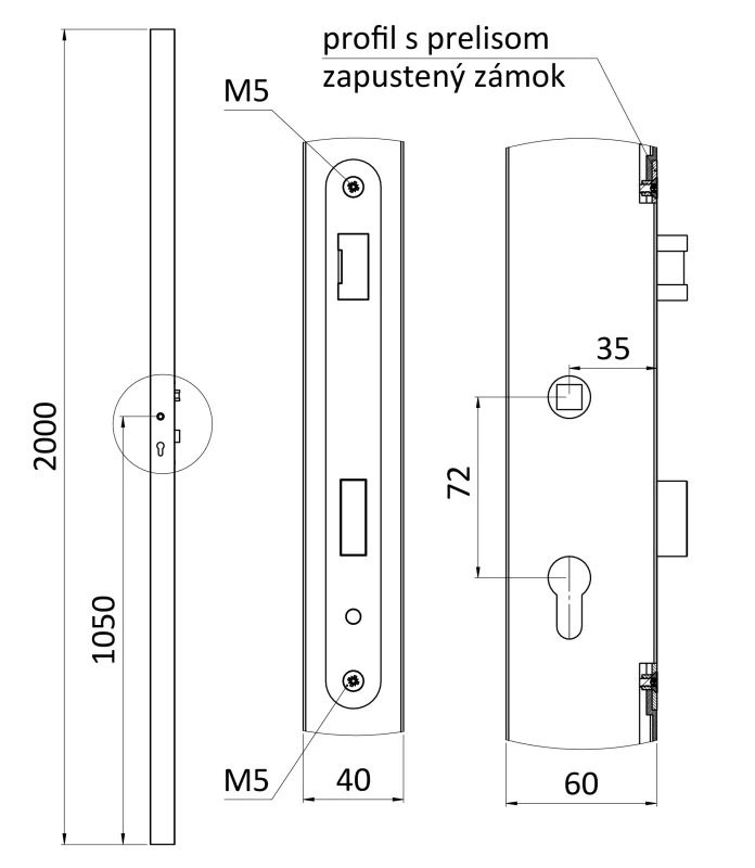 KZK6420H Profil 60x40x1,5mm H-2000mm so zapusteným zámkom, vhodný pre rám bránky, bez povrchovej úpravy