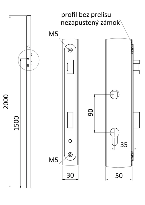 KZK5320H-90 Profil 50x30x1.5mm, H-2000mm so zapusteným zámkom
