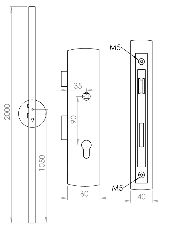 Profil 60x40x2mm so zámkom, 2000mm, pravý ( jeden otvor na kľučku ) KZJ60x40-P