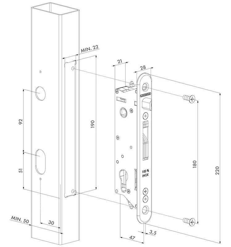 FIFTYSET-50U-JA Sada na zamykanie krídlovej bránky, pre profil 50 x 40 mm
